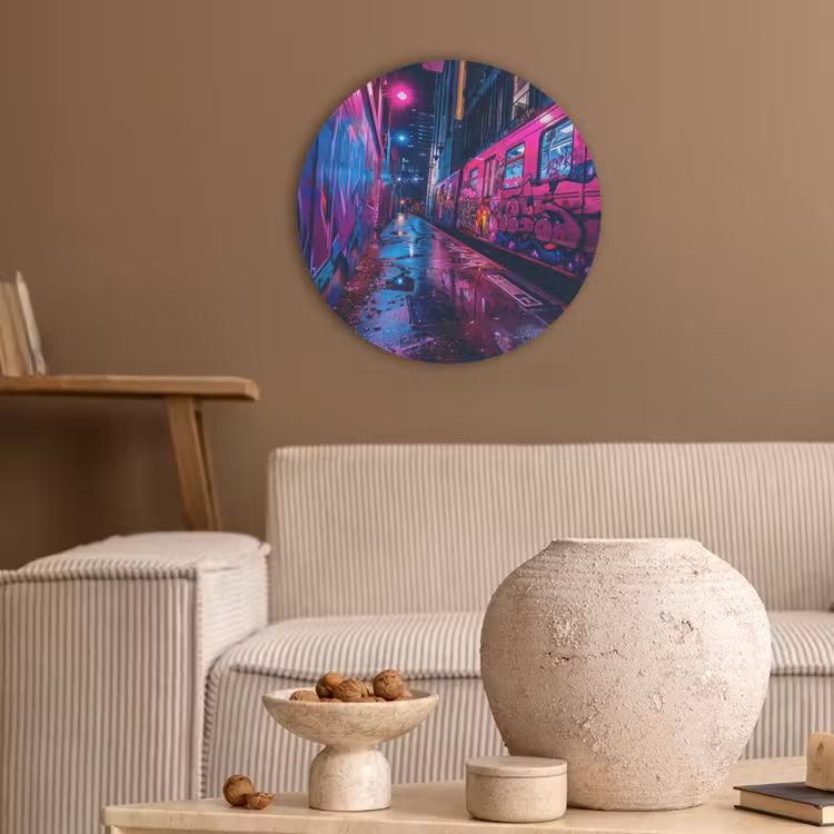 Stad - Neon - Nacht - Roze - Graffiti Akoestische PET Vilt - Rond klein -sfeer1