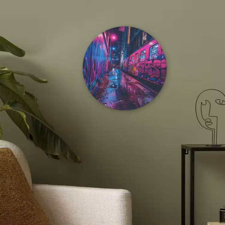 Stad - Neon - Nacht - Roze - Graffiti Akoestische PET Vilt - Rond klein -sfeer2