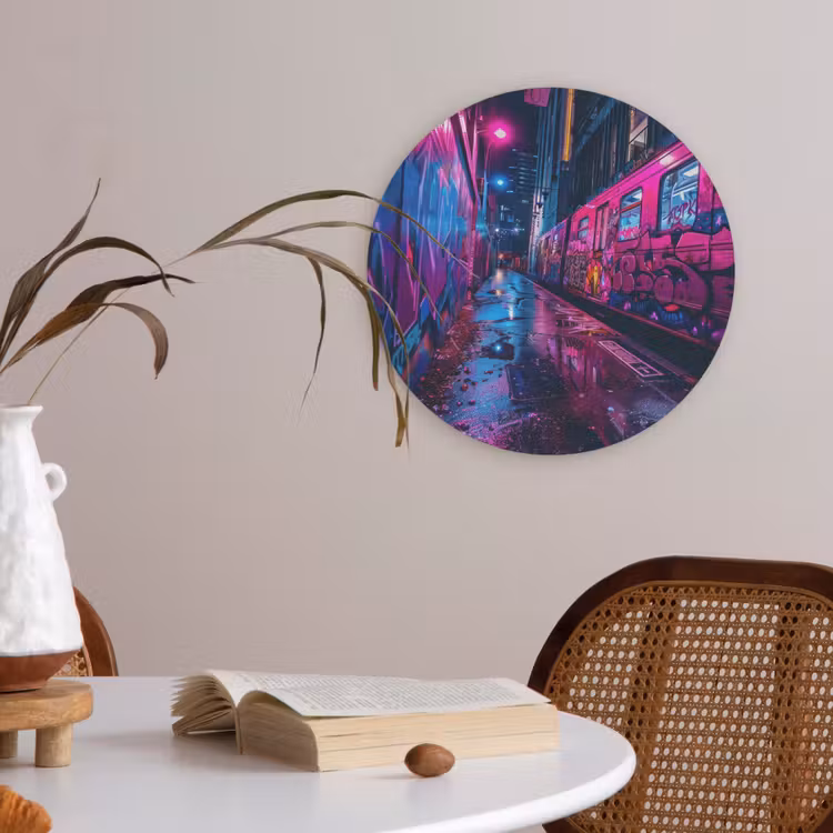 Stad - Neon - Nacht - Roze - Graffiti Akoestische PET Vilt - Rond klein -sfeer3