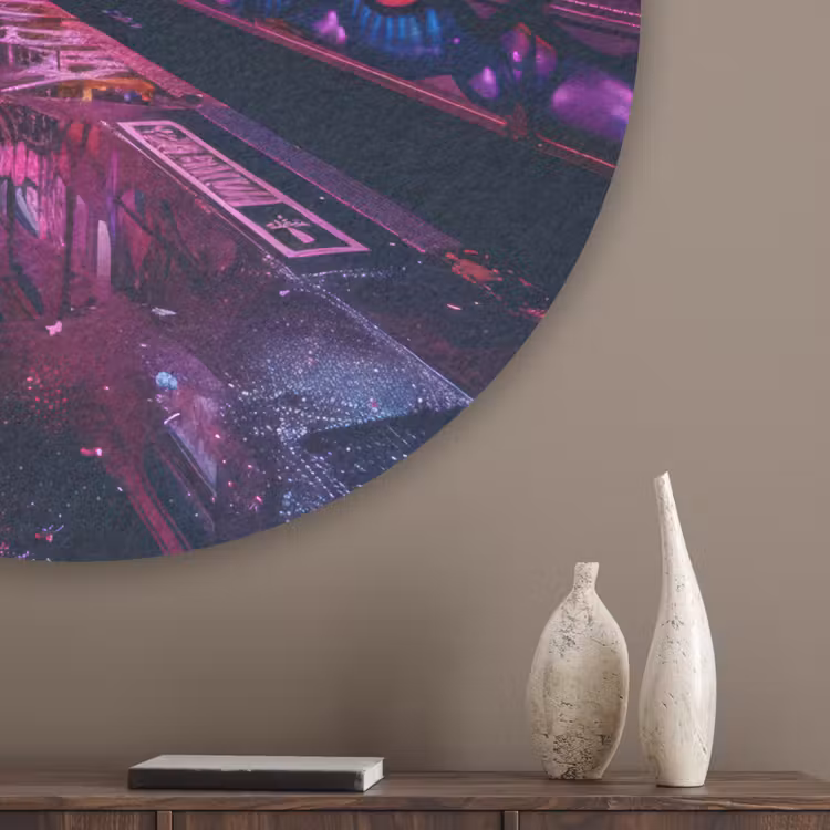 Stad - Neon - Nacht - Roze - Graffiti Akoestische PET Vilt - Rond klein -sfeer5_closeup