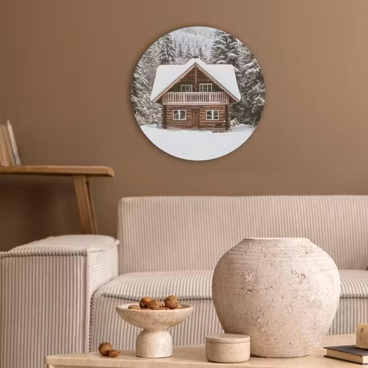 Huis - Bos - Winter - Natuur - Sneeuw Akoestische PET Vilt - Rond klein -sfeer1