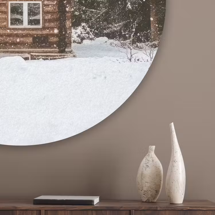 Huis - Bos - Winter - Natuur - Sneeuw Akoestische PET Vilt - Rond klein -sfeer5_closeup