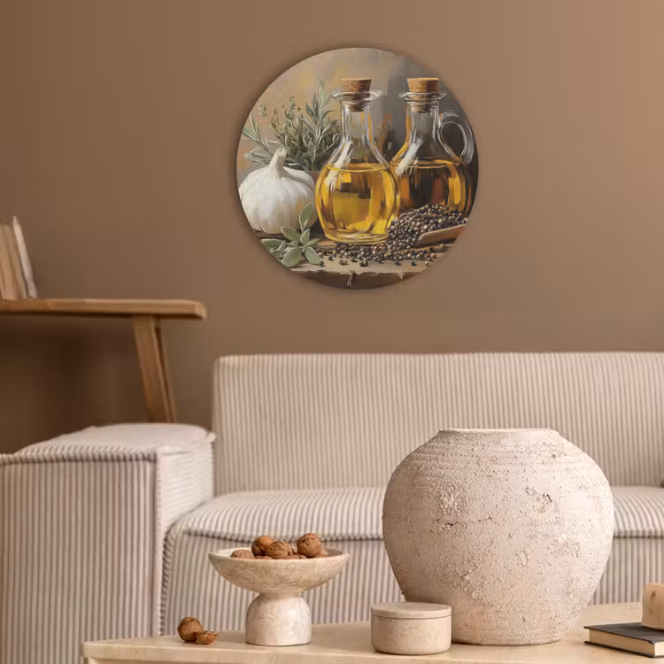 Stilleven - Olijfolie - Knoflook - Kruiden Akoestische PET Vilt - Rond klein -sfeer1