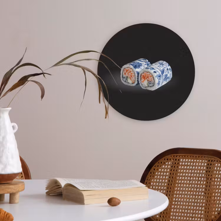 Sushi - Delfts blauw - Rijst - Vis - Elegant Akoestische PET Vilt - Rond klein -sfeer3