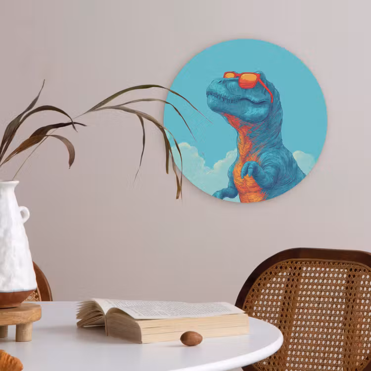 T-Rex - Blauw - Wolken - Zonnebril Akoestische PET Vilt - Rond klein -sfeer3