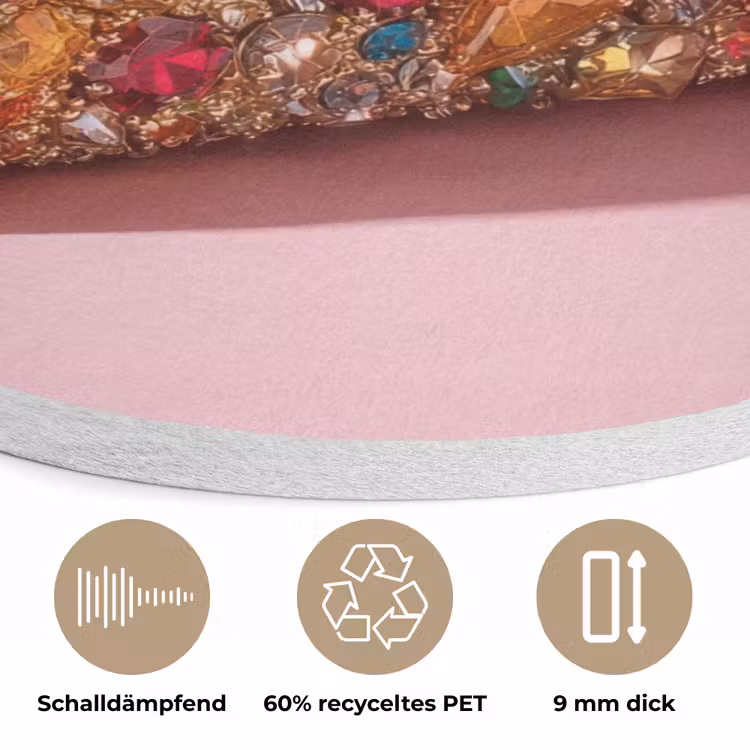 Taco - Kleurrijk - Edelstenen - Goud Akoestische PET Vilt - Rond klein -closeup_DE