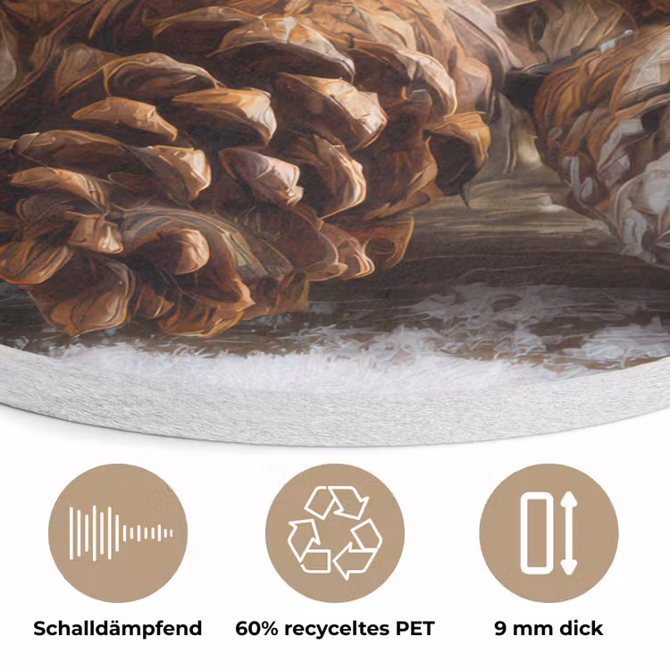 Dennenappels - Kerstsfeer - Bruin - Groen Akoestische PET Vilt - Rond klein -closeup_DE
