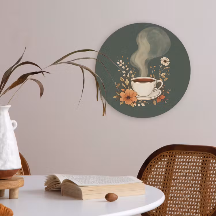 Kop - Bloemen - Groen - Koffie Akoestische PET Vilt - Rond klein -sfeer3