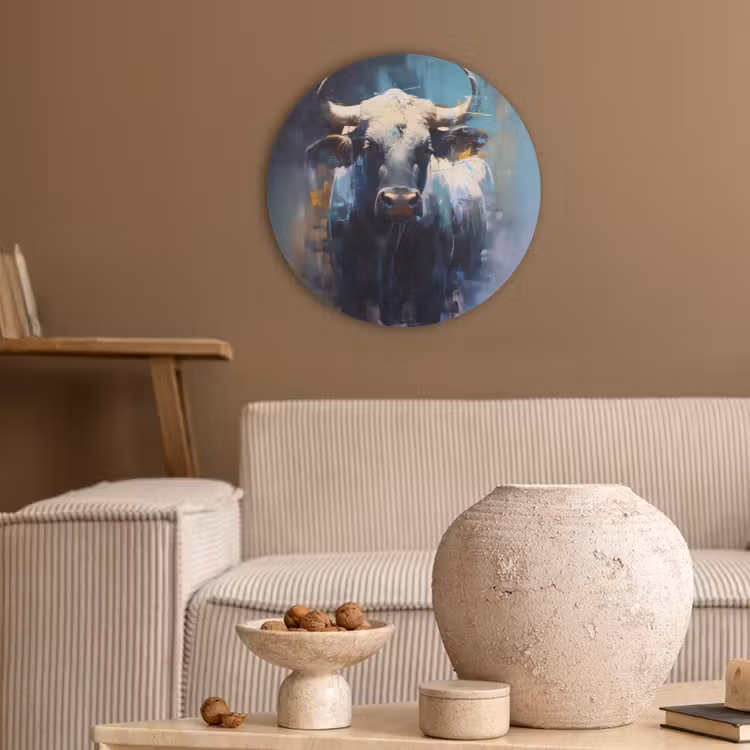 Stier - Zwart - Abstract - Horens Akoestische PET Vilt - Rond klein -sfeer1