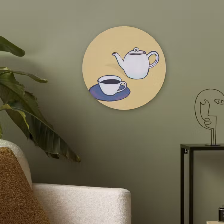 Theepot - Kopje - Beige - Illustratie Akoestische PET Vilt - Rond klein -sfeer2
