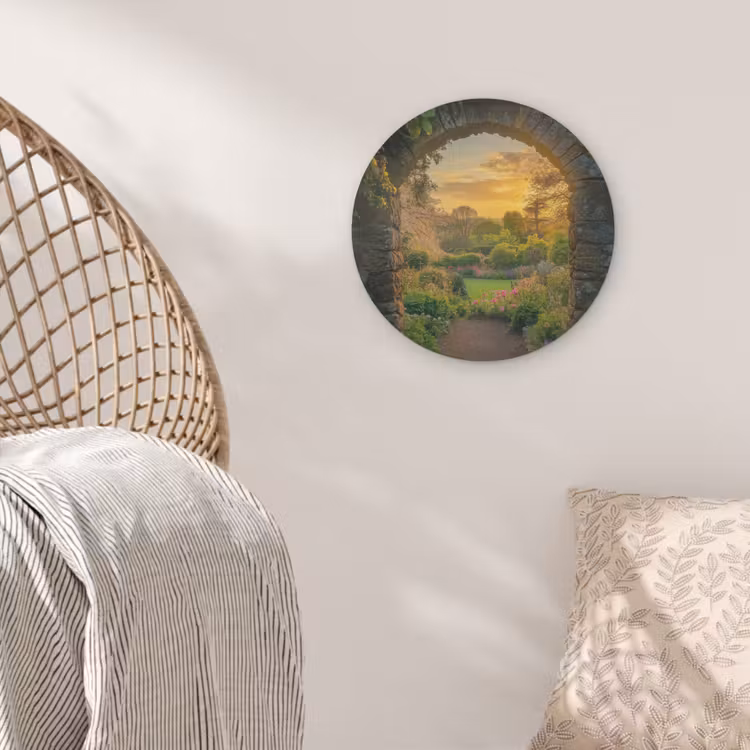 Poort - Planten - Zonsondergang Akoestische PET Vilt - Rond klein -sfeer4