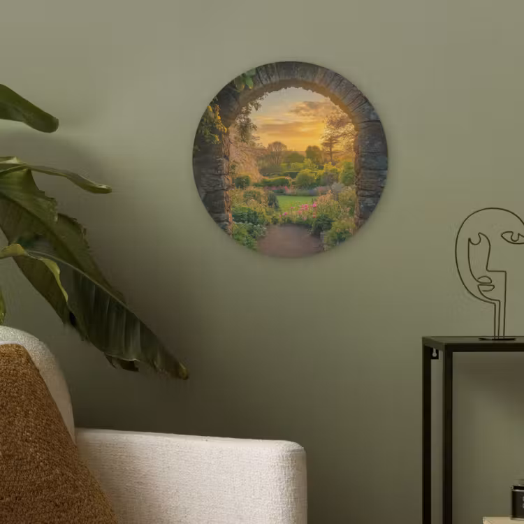 Poort - Planten - Zonsondergang Akoestische PET Vilt - Rond klein -sfeer2