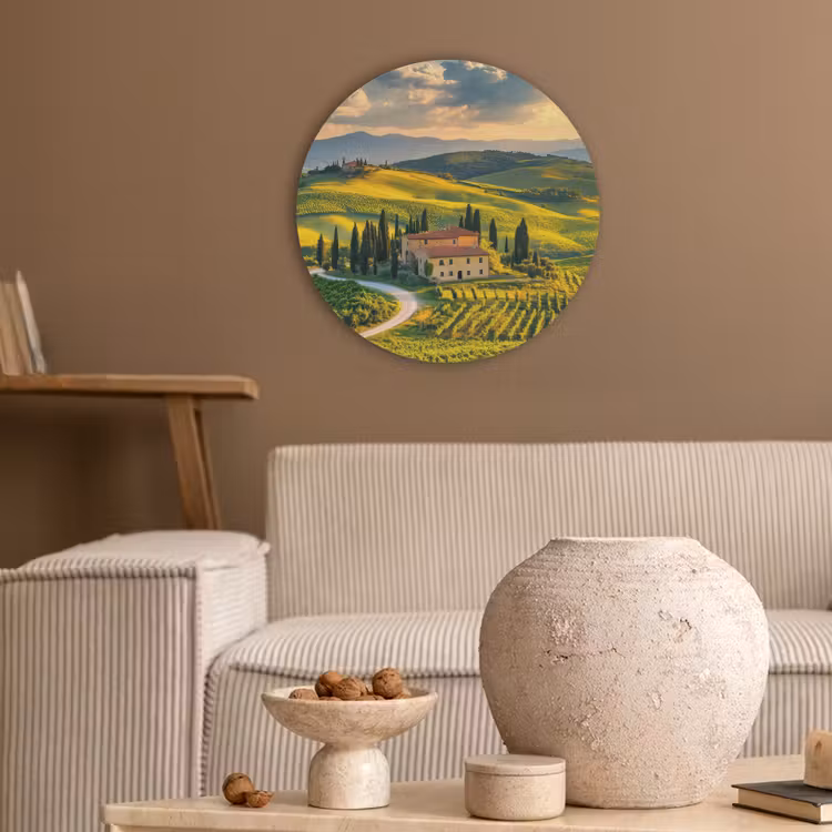 Toscane - Landschap - Wijngaarden Akoestische PET Vilt - Rond klein -sfeer1