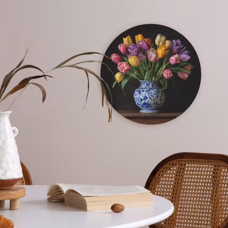 Tulpen - Kleuren - Hout - Vaas Akoestische PET Vilt - Rond klein -sfeer3