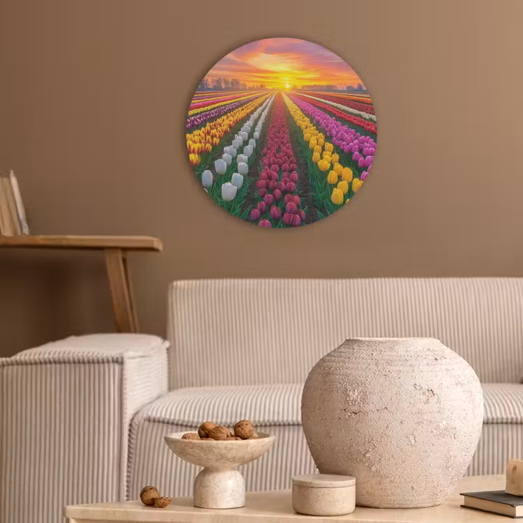 Tulpenveld - Zonsondergang - Kleurrijk Akoestische PET Vilt - Rond klein -sfeer1