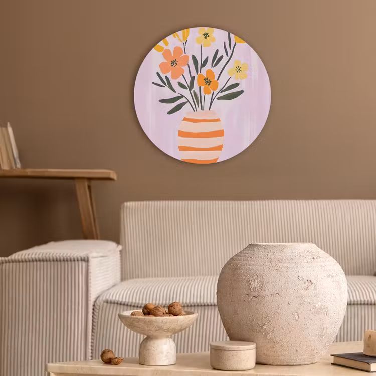 Vaas - Gestreept - Bloemen - Oranje Akoestische PET Vilt - Rond klein -sfeer1