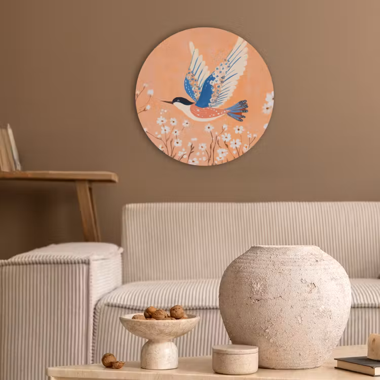 Vogel - Bloesemtakken - Warm - Kleurrijk Akoestische PET Vilt - Rond klein -sfeer1