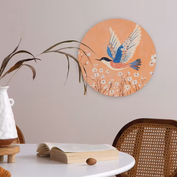 Vogel - Bloesemtakken - Warm - Kleurrijk Akoestische PET Vilt - Rond klein -sfeer3