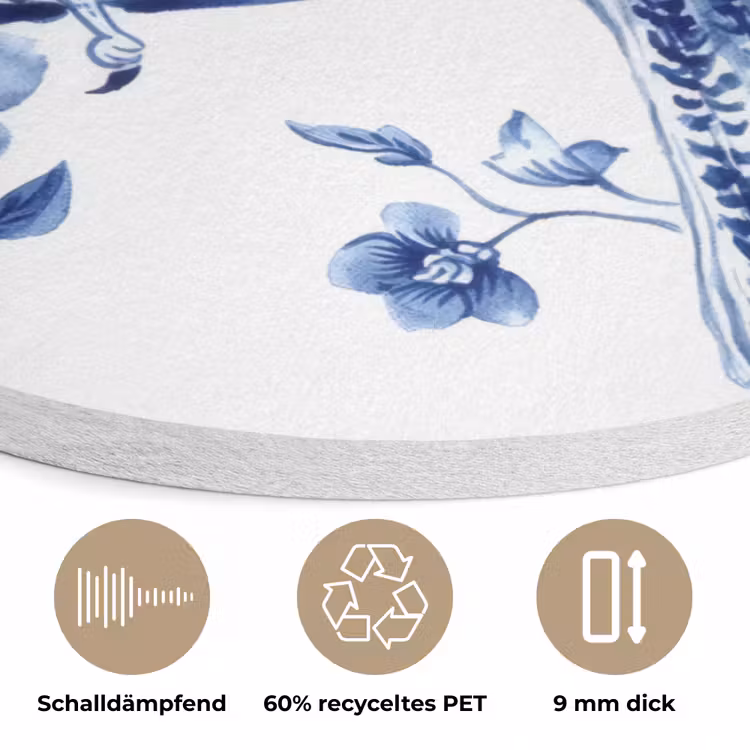 Vogel - Delfts blauw - Illustratie - Bloemen Akoestische PET Vilt - Rond klein -closeup_DE