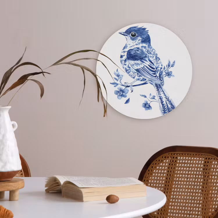 Vogel - Delfts blauw - Illustratie - Bloemen Akoestische PET Vilt - Rond klein -sfeer3