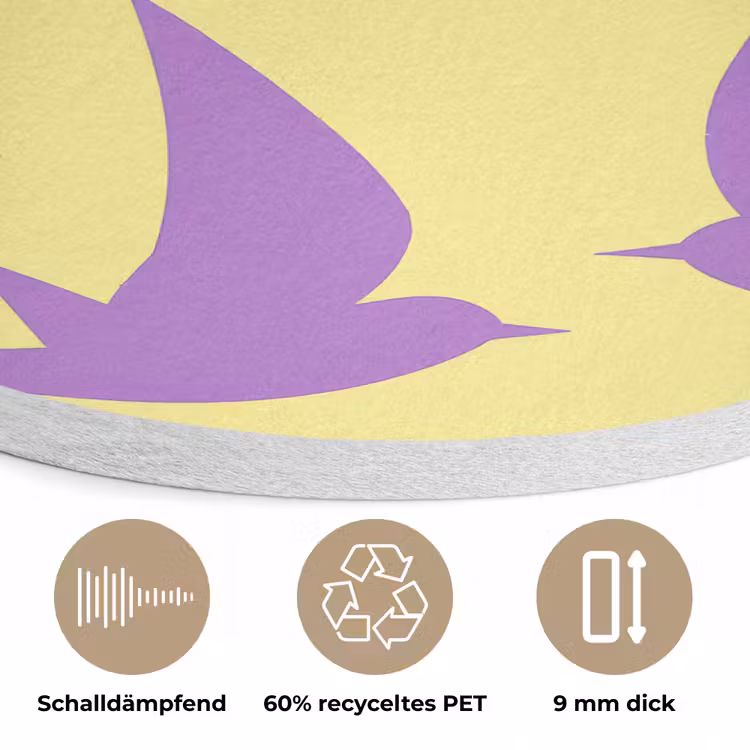 Vogels - Cirkel - Geel - Beweging Akoestische PET Vilt - Rond klein -closeup_DE