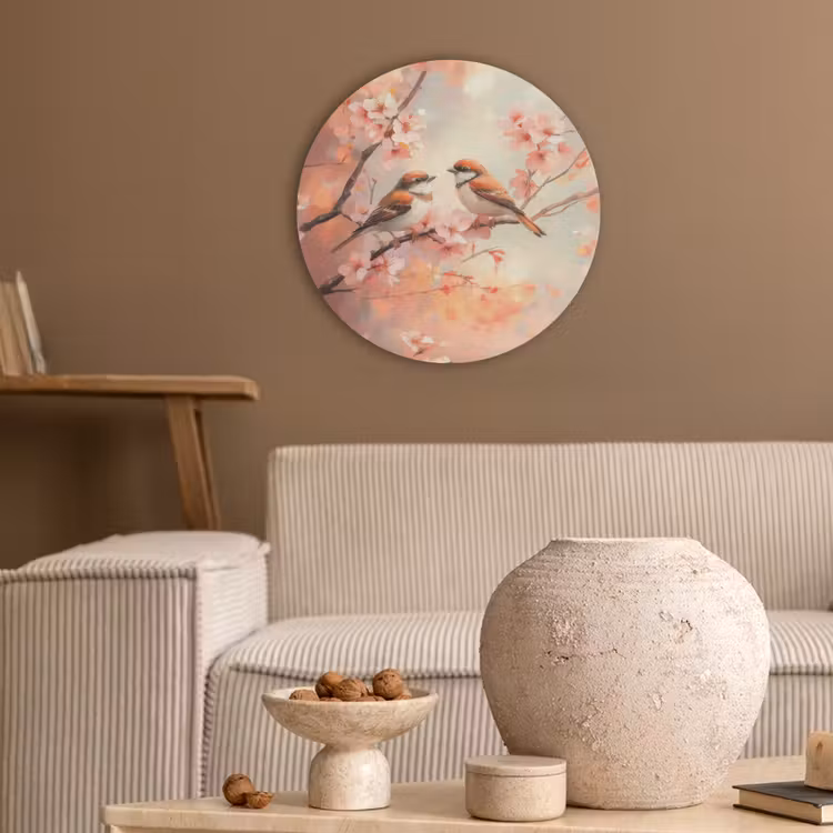 Vogels - Romantic - Bloesemtak Akoestische PET Vilt - Rond klein -sfeer1