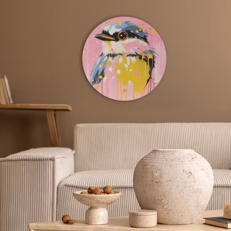 Vogel - Roze - Geel - Blauw Akoestische PET Vilt - Rond klein -sfeer1