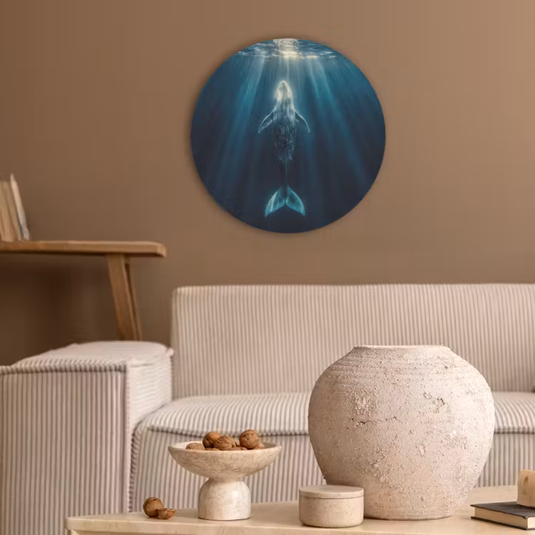 Walvis - Water - Zonnestralen - Blauw Akoestische PET Vilt - Rond klein -sfeer1