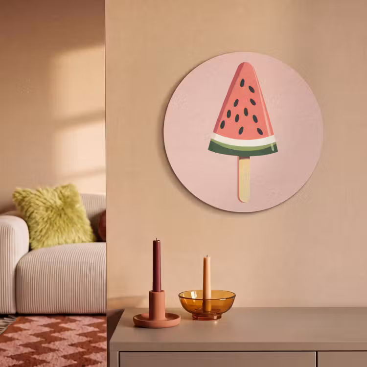Watermeloen - Ijsje - Pitjes - Rood Akoestische PET Vilt - Rond klein -sfeer1