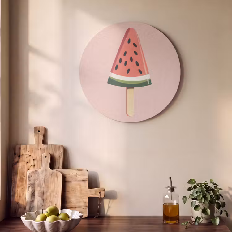 Watermeloen - Ijsje - Pitjes - Rood Akoestische PET Vilt - Rond klein -sfeer2