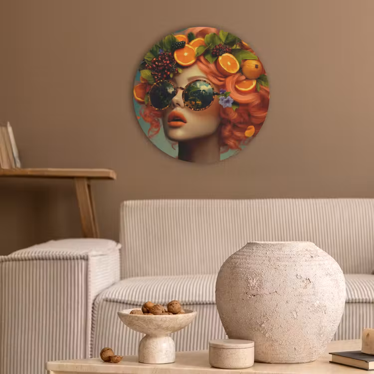 Vrouw - Sinaasappel - Bessen - Oranje Akoestische PET Vilt - Rond klein -sfeer1