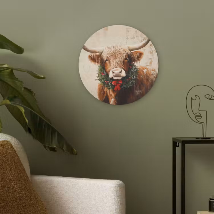 Kerst - Schotse Hooglander - Bruin - Krans Akoestische PET Vilt - Rond klein -sfeer2