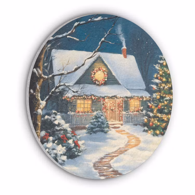 Kerst - Kerstboom - Winter - Huis - Sneeuw Akoestische PET Vilt - Rond klein -3d