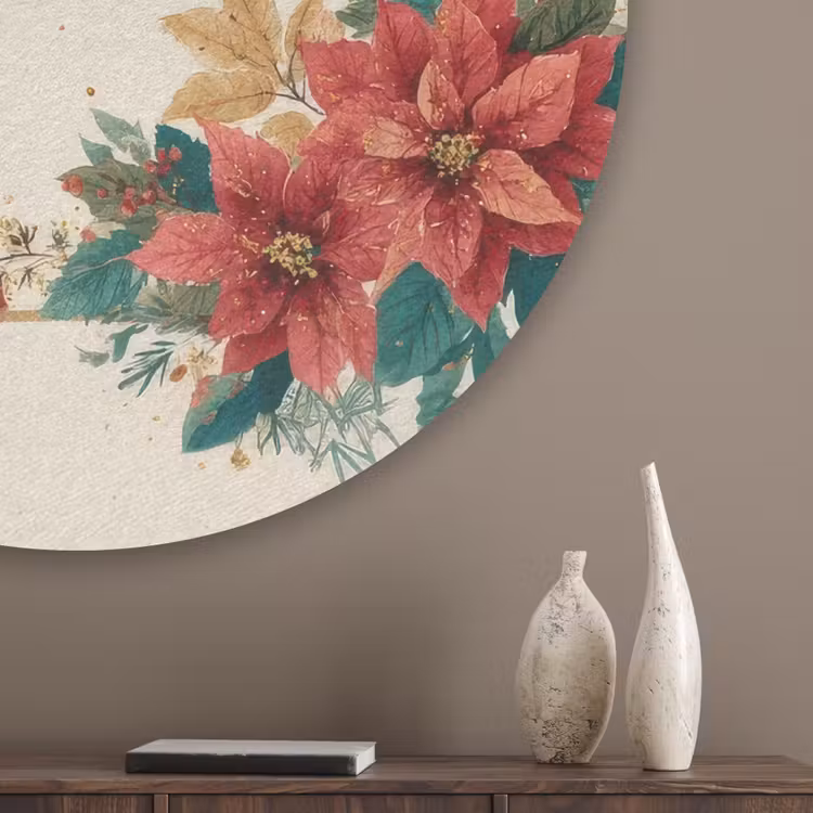 Kerst - Poinsettia - Omlijsting - Kleurrijk Akoestische PET Vilt - Rond klein -sfeer5_closeup