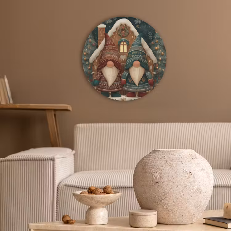 Kerst - Gnomen - Peperkoekhuisje - Rood - Groen Akoestische PET Vilt - Rond klein -sfeer1
