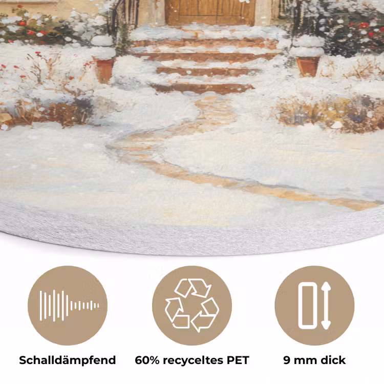Kerst - Huis - Winter - Sneeuw Akoestische PET Vilt - Rond klein -closeup_DE