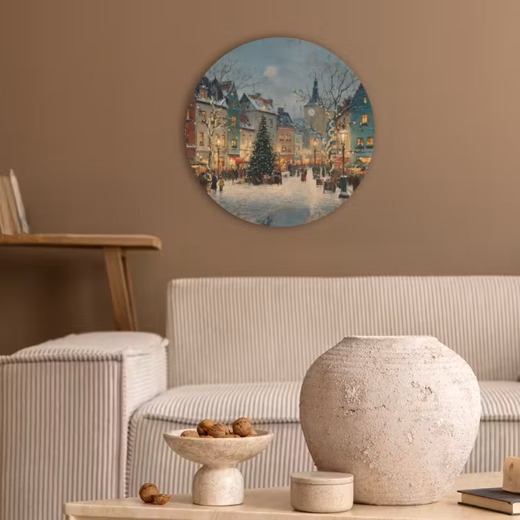 Kerstsfeer - Stadsplein - Kleurrijk Akoestische PET Vilt - Rond klein -sfeer1