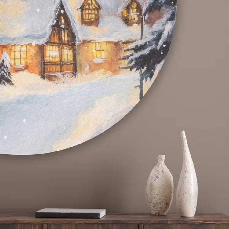 Kerstdorp - Huizen - Sneeuw - Kerst Akoestische PET Vilt - Rond klein -sfeer5_closeup