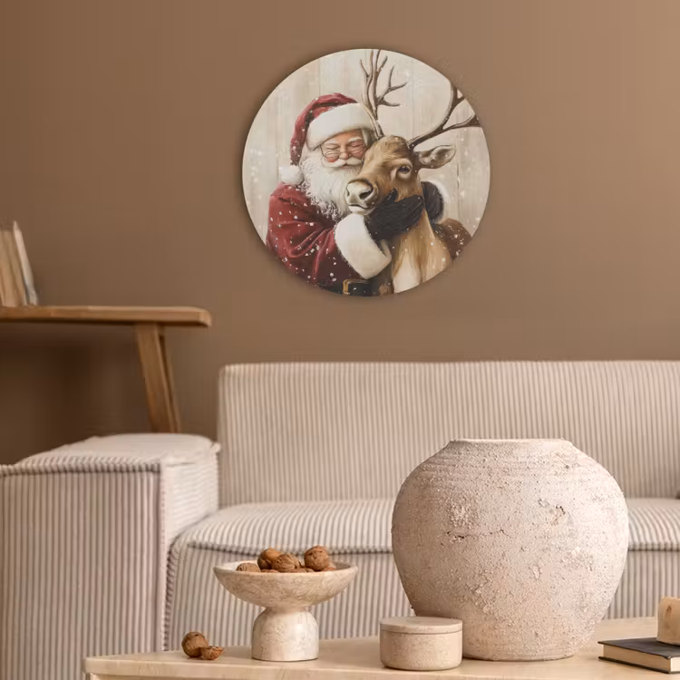 Kerstman - Rendier - Sneeuw - Kleurrijk Akoestische PET Vilt - Rond klein -sfeer1