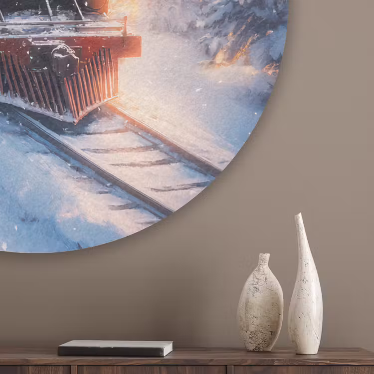 Kersttrein - Sneeuw - Winter - Kerst Akoestische PET Vilt - Rond klein -sfeer5_closeup