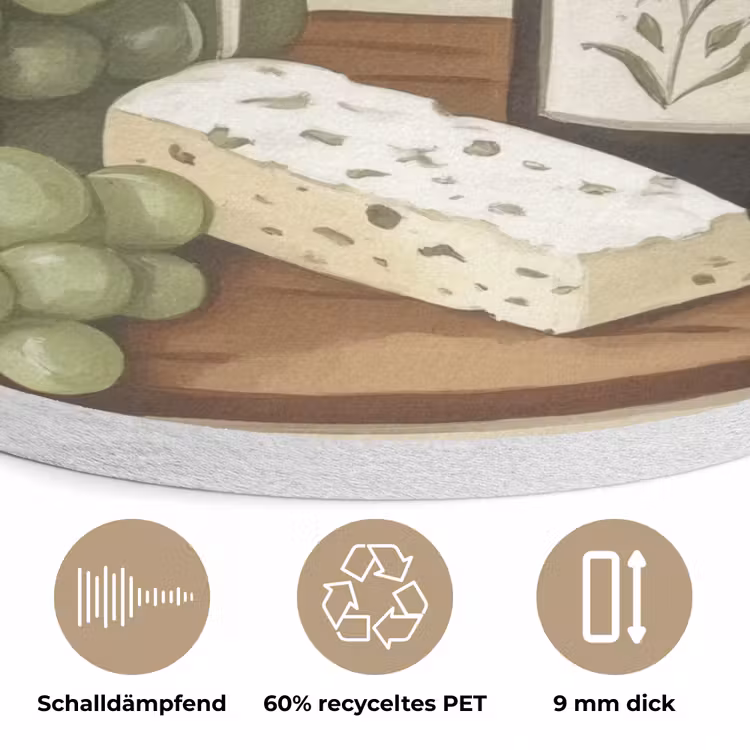 Wijn - Druiven - Kaas - Bladeren Akoestische PET Vilt - Rond klein -closeup_DE