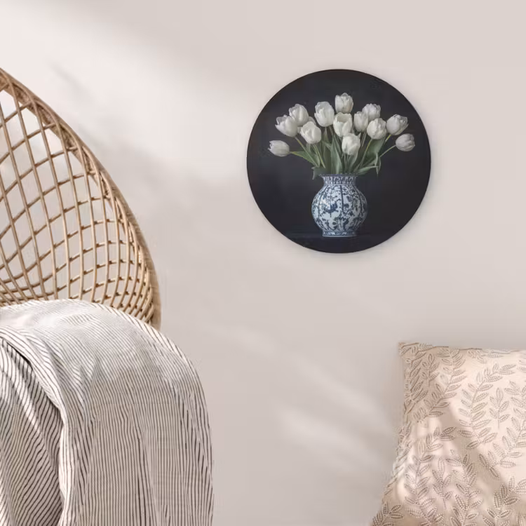 Wit - Bloemen - Tulpen - Vaas Akoestische PET Vilt - Rond klein -sfeer4