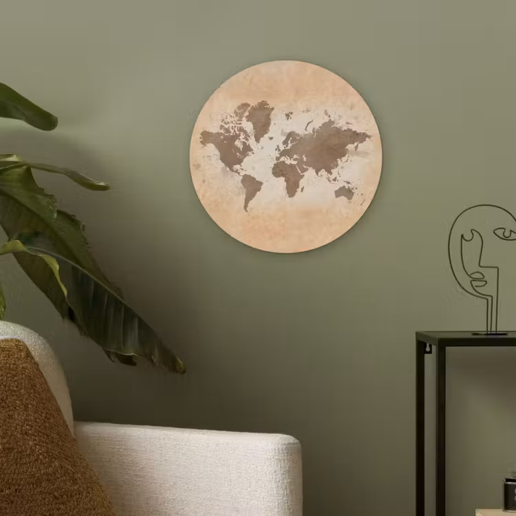 Wereldkaart - Beige - Bruin Akoestische PET Vilt - Rond klein -sfeer2