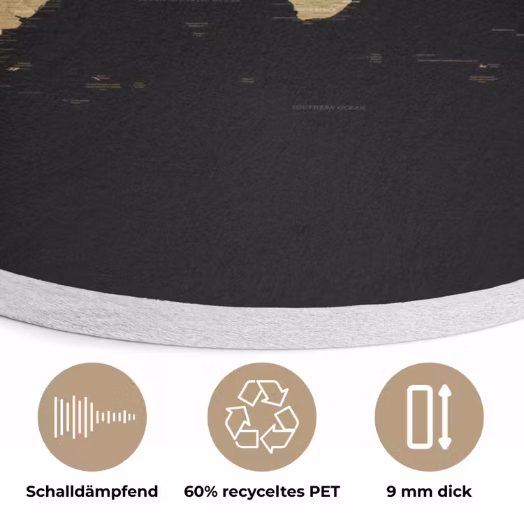 Wereldkaart - Beige - Zwart Akoestische PET Vilt - Rond klein -closeup_DE