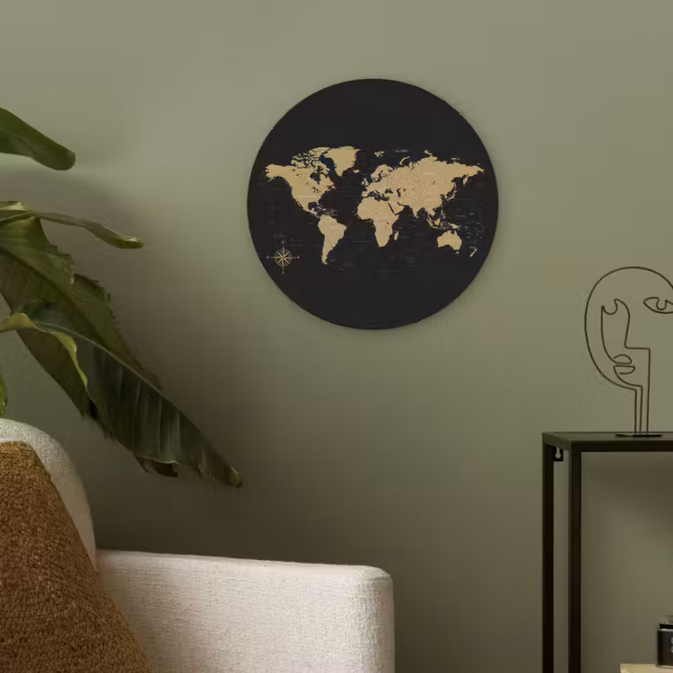 Wereldkaart - Beige - Zwart Akoestische PET Vilt - Rond klein -sfeer2