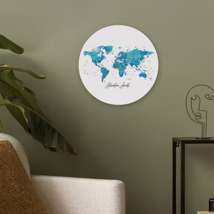 Wereldkaart - Blauw - Kleurrijk Akoestische PET Vilt - Rond klein -sfeer2
