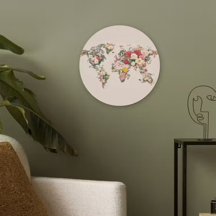Wereldkaart - Bloemen - Roze Akoestische PET Vilt - Rond klein -sfeer2