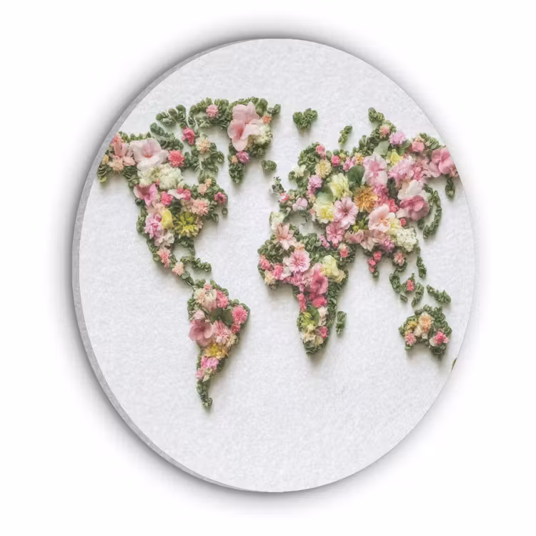 Wereldkaart - Kleurrijk - Bloemen - Lente Akoestische PET Vilt - Rond klein -3d