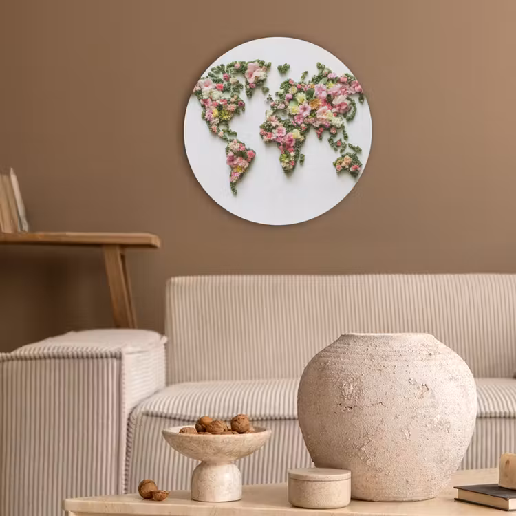 Wereldkaart - Kleurrijk - Bloemen - Lente Akoestische PET Vilt - Rond klein -sfeer1