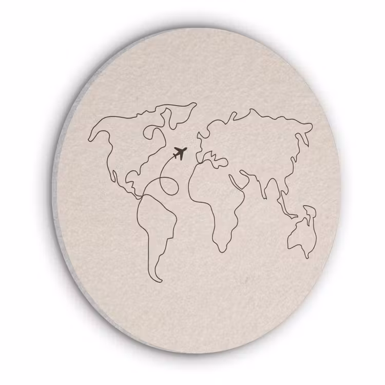 Wereldkaart - Simpel - Vliegtuig Akoestische PET Vilt - Rond klein -3d